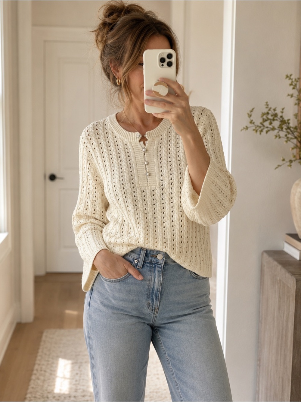 NWT Saint Tropez Cable Knit Pearl Button Sweater Medium Coastal Quiet Luxury